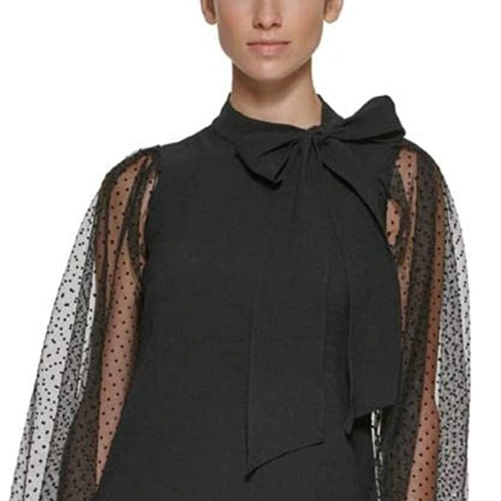 Vince Camuto Women's Bow Neck Shift Dress with Mesh Dot Sleeves, Black, 10 NWT